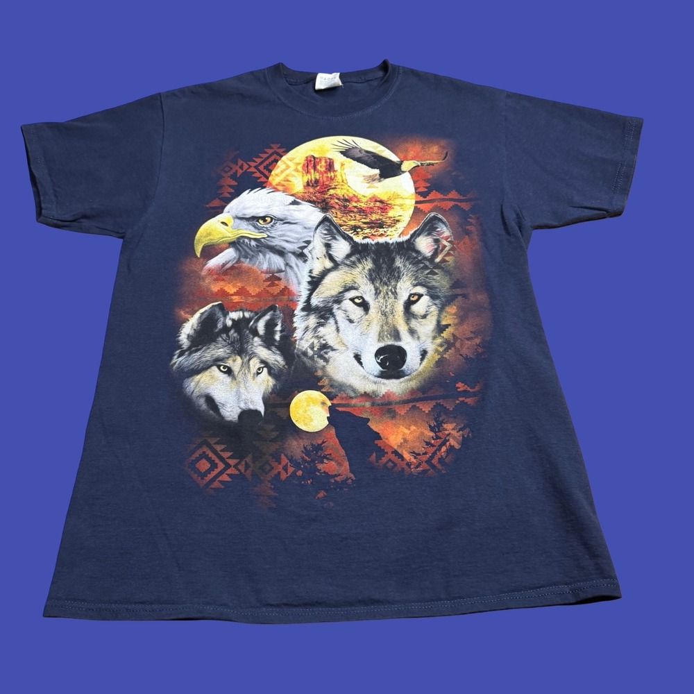 Wolf Eagle Moon Native Nature Tee M Navy Blue Skater Streetwear Graphic Y2K